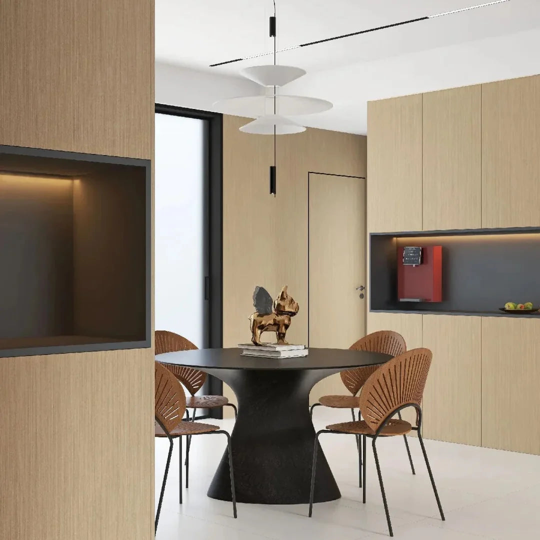 Stacked disc chandelier featuring white disc shades with black hanging rods