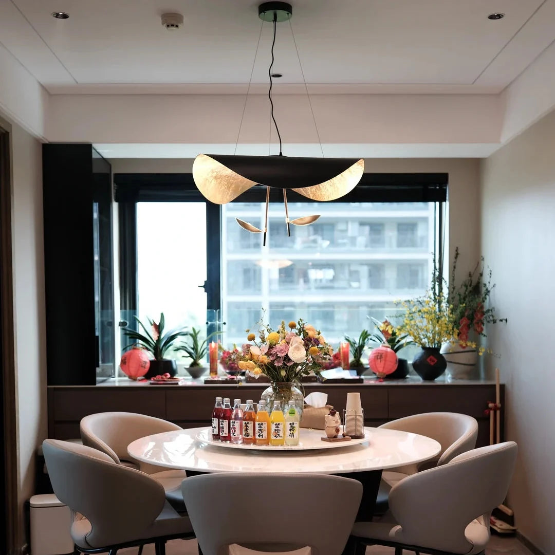 Black and gold foil disc pendant light with gold underside