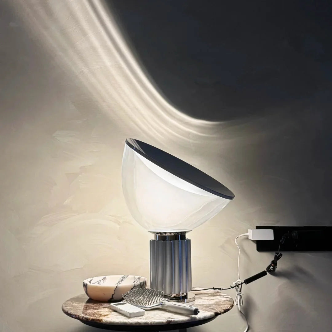 Dome glass saucer table lamp with clear dome shade and silver ribbed base