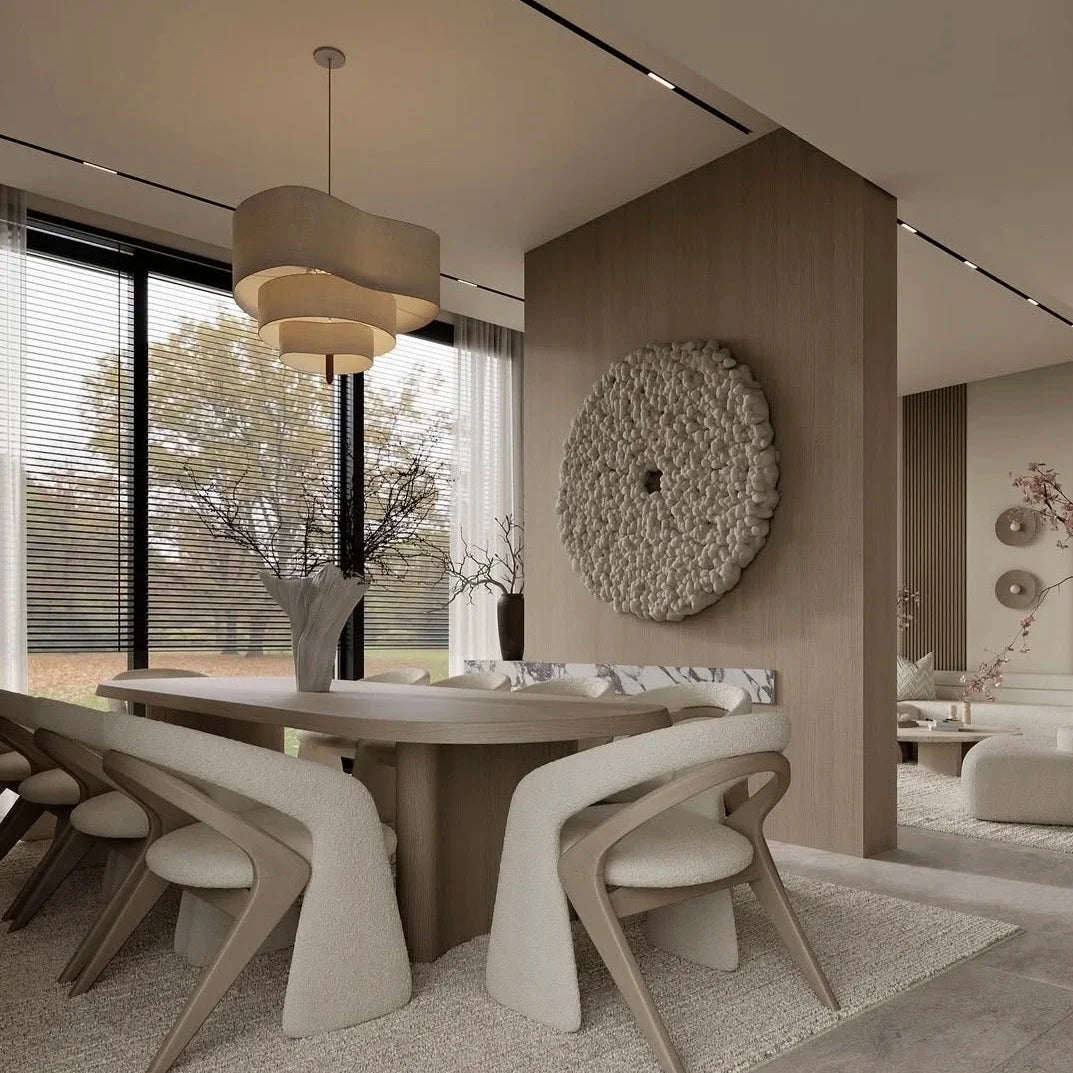 Layered linen pendant light with beige shade and dark wood hanging rod