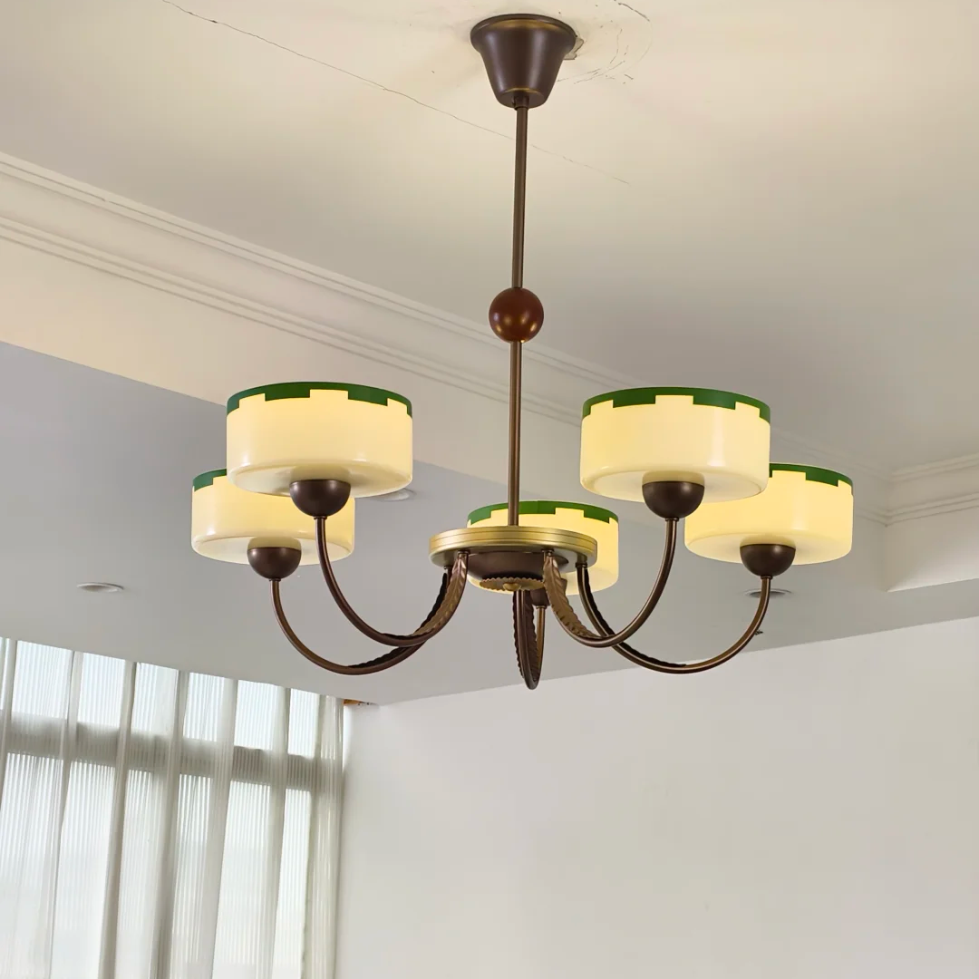 Bronze ceiling chandelier with multiple cream opal glass shades and amber hanging beads