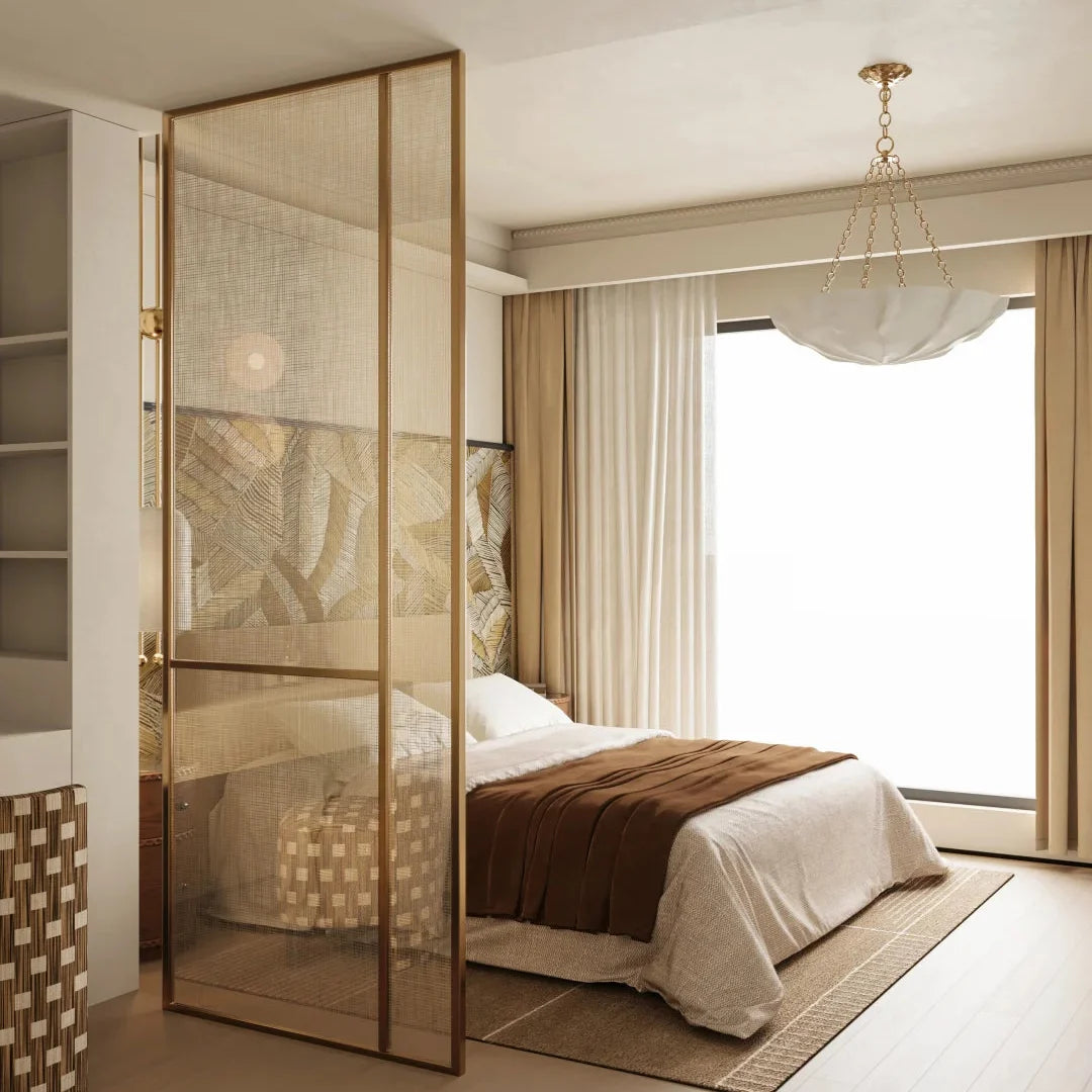 Petal chandelier with white shade and gold-tone chain hanging from ceiling