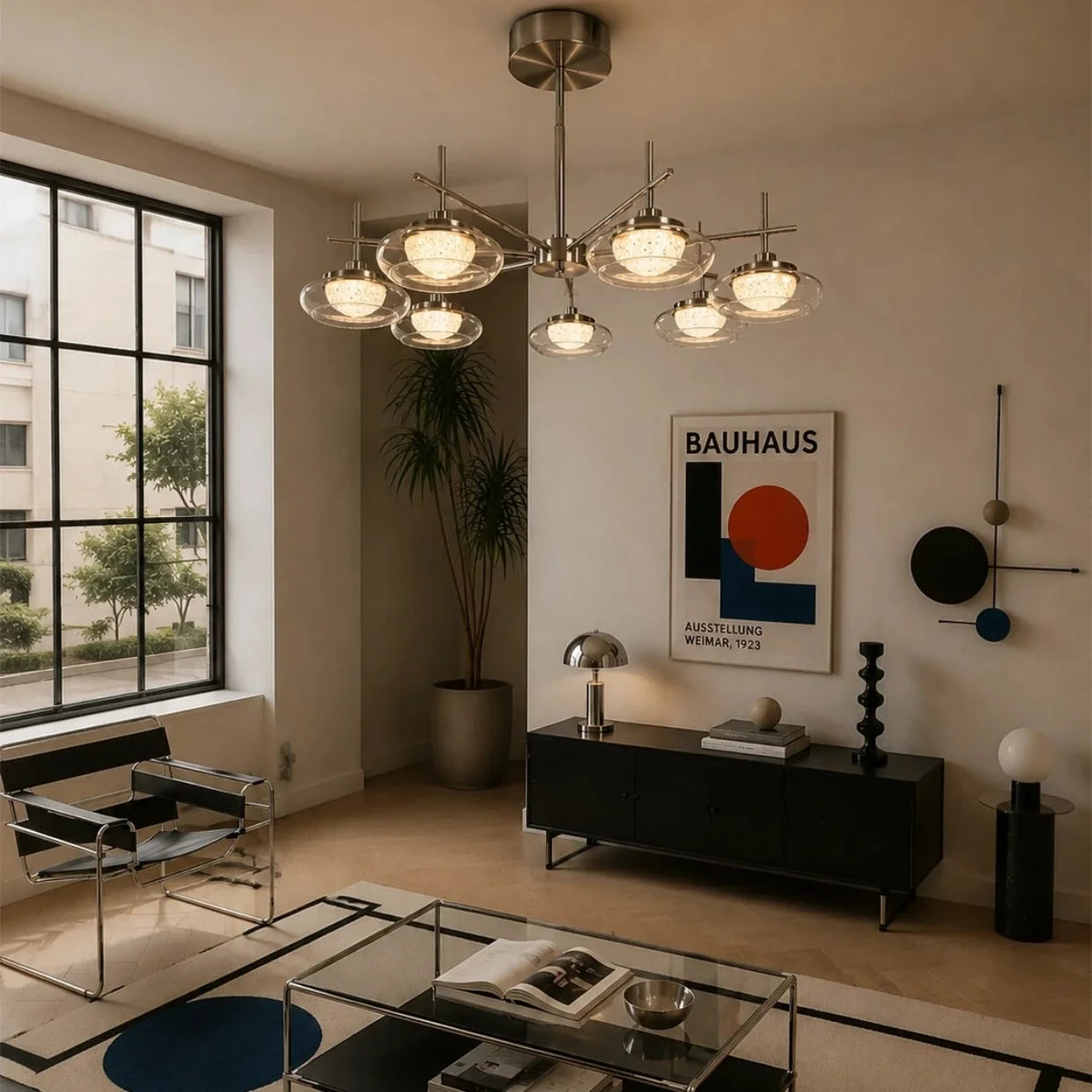 Spider chandelier featuring brushed metal canopy and clear glass bowl light shades.