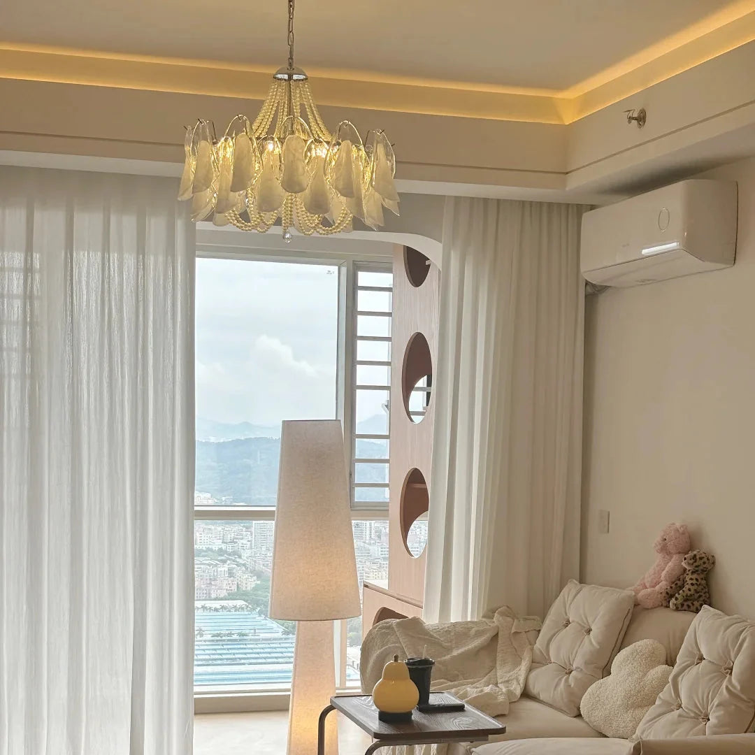 Murano Petal & Pearl chandelier suspended by chain, with clear petal glass shades and pearl beads