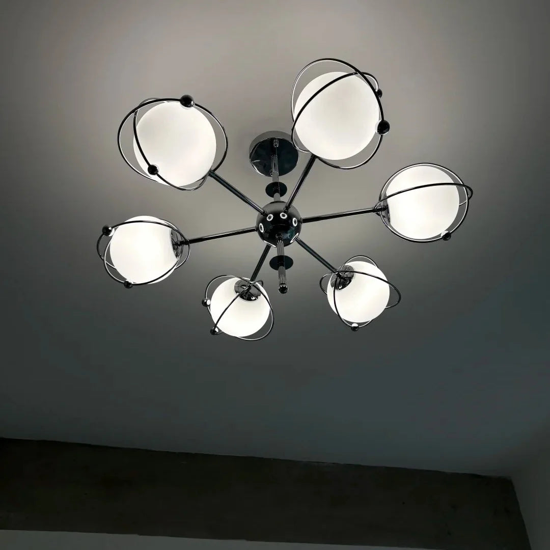 Multi-light orbit ceiling chandelier with chrome frame and frosted round glass shades