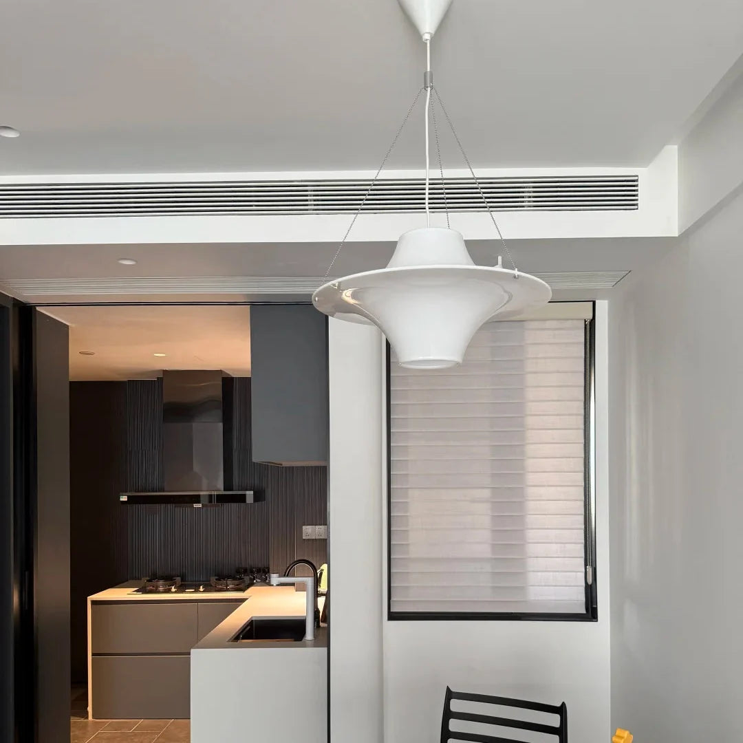 White opal disc pendant light fixture with three-sided shade profile