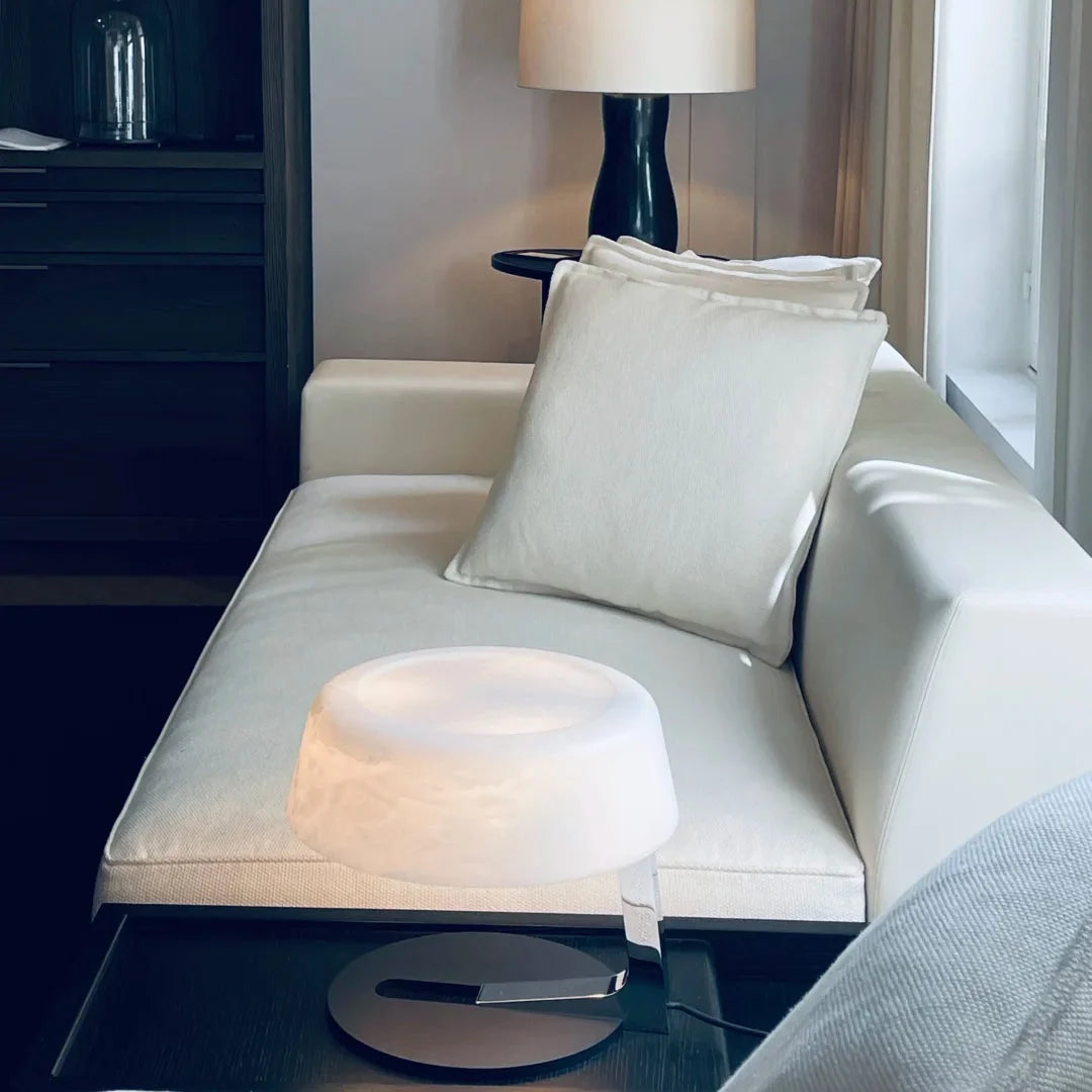 Luma Alabaster table lamp with white dome shade and black metal base