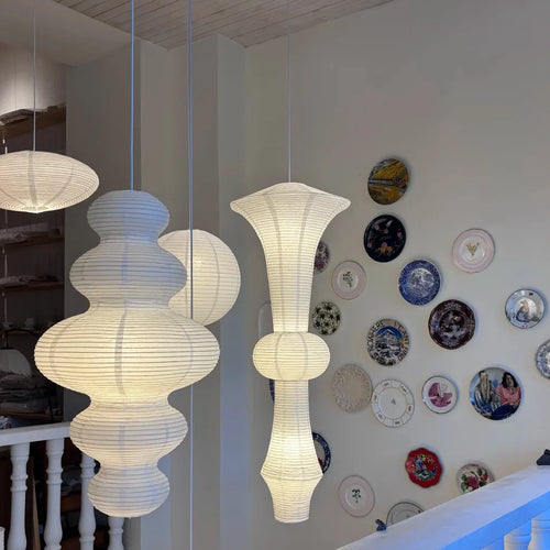 Akari washi gourd pendant cluster of three paper shades hanging from ceiling cords