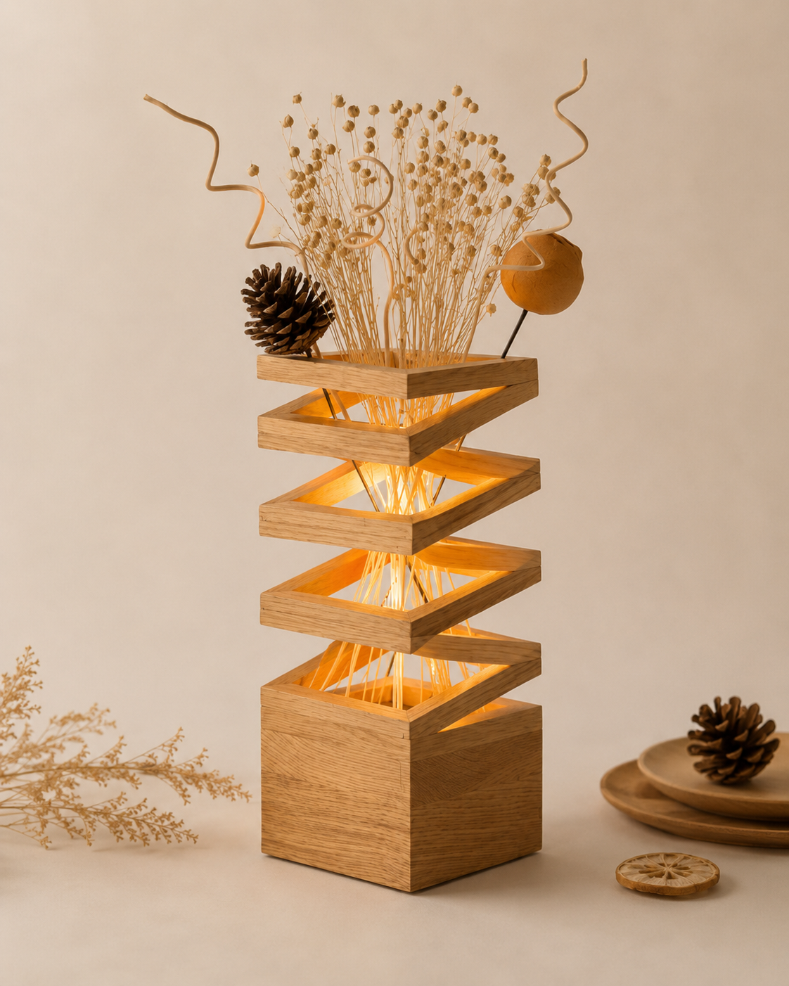 Zen Stack Wood Table Lamp with Dried Botanicals styled in a warm natural interior