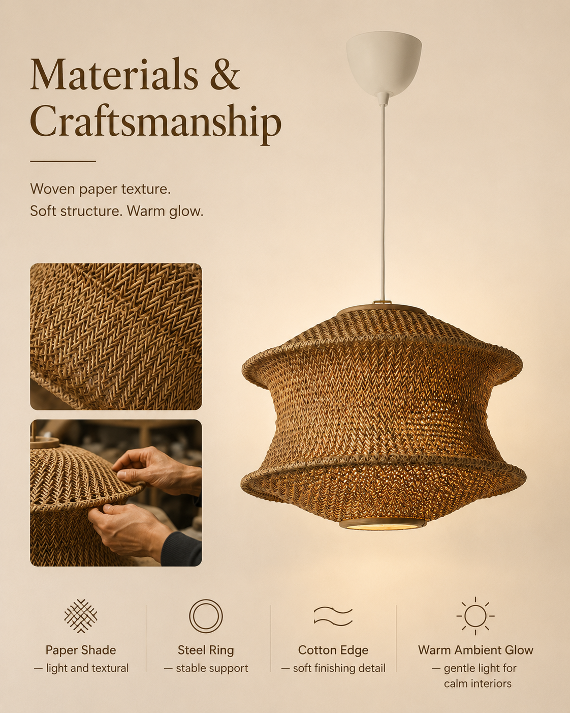 Natural materials and handcrafted details of Cocoa Weave Pendant Light