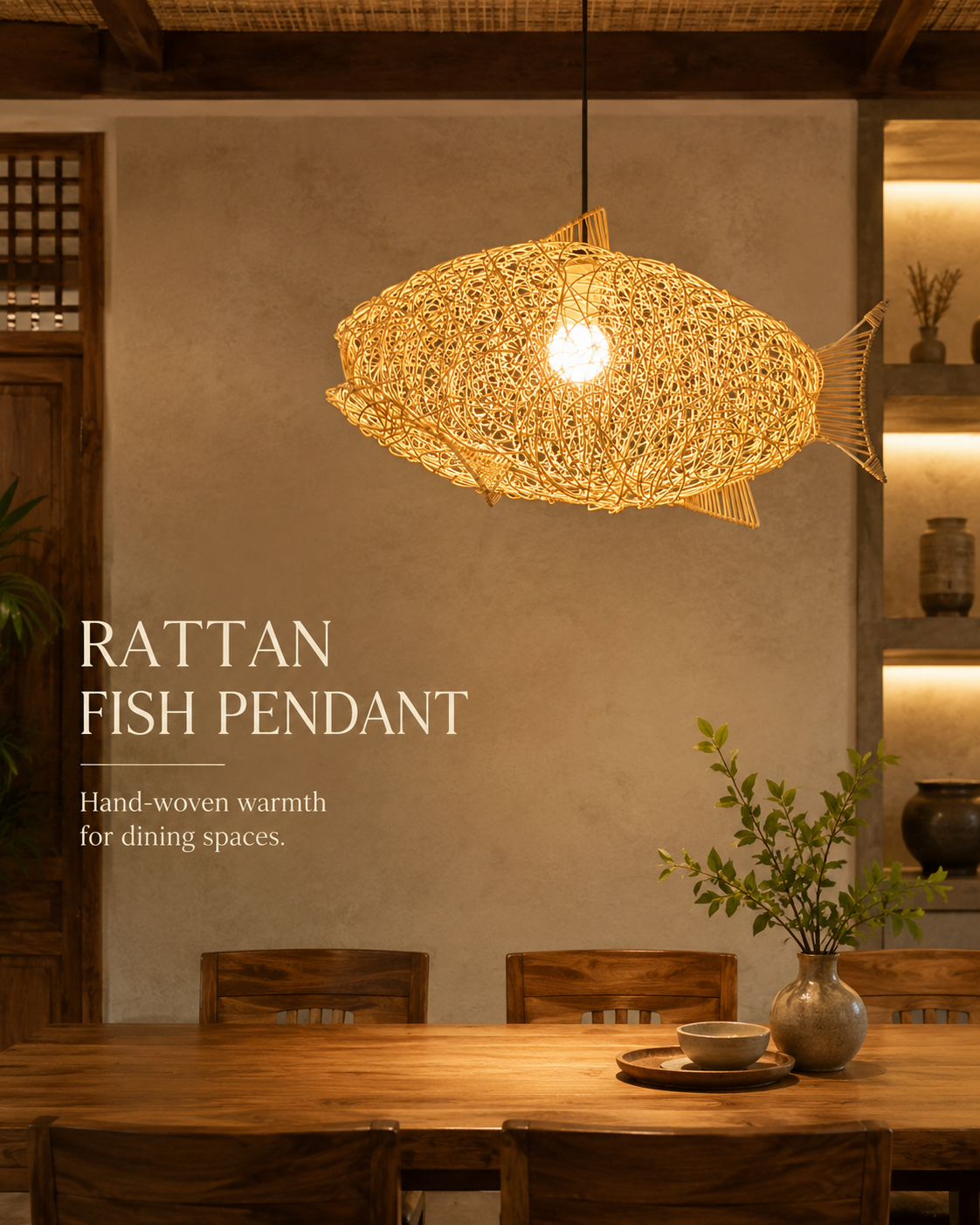 Riverfin Rattan Pendant Light handcrafted lighting design by SolenaLighting