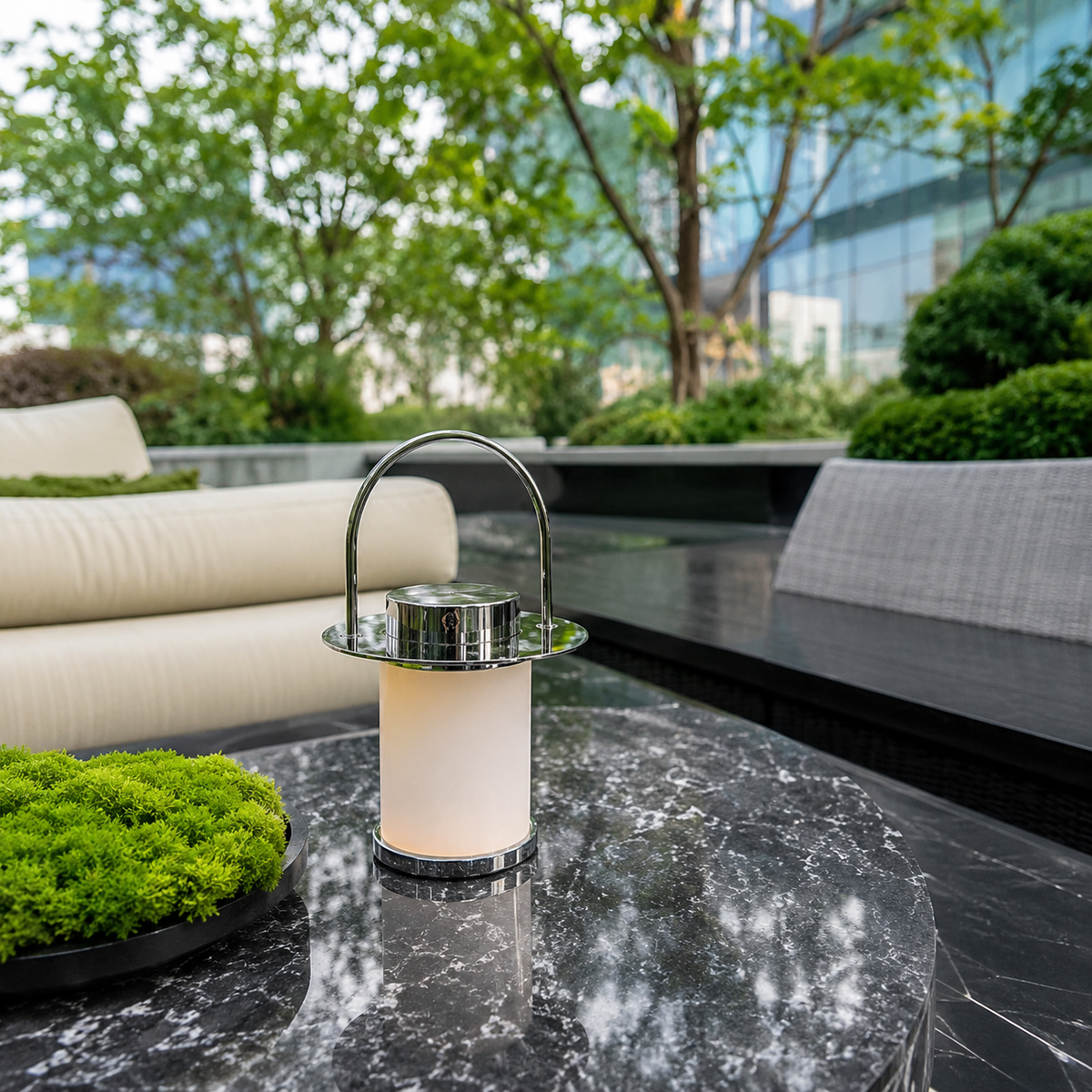 Chrome lantern outdoor table lamp with frosted glass cylinder and arched handle