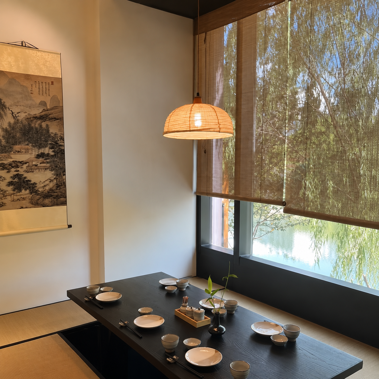 Woven fabric bell pendant lamp with hanging cord near window seating