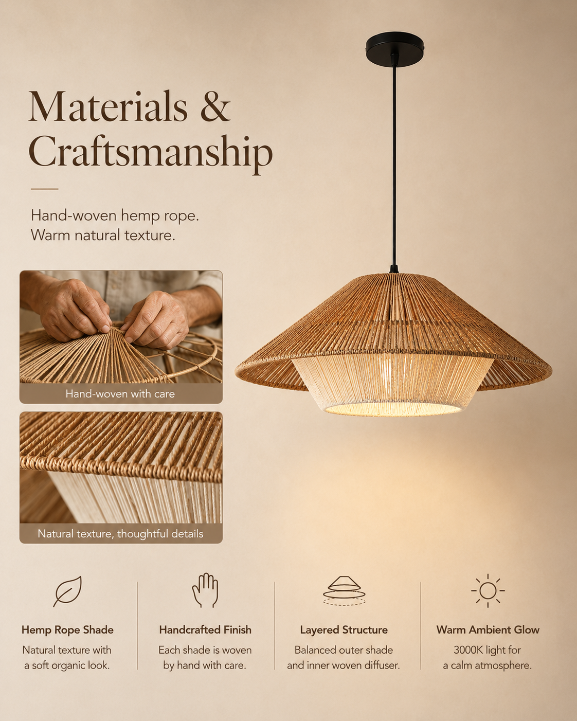Natural materials and handcrafted details of Woven Cottage Roof Pendant Light