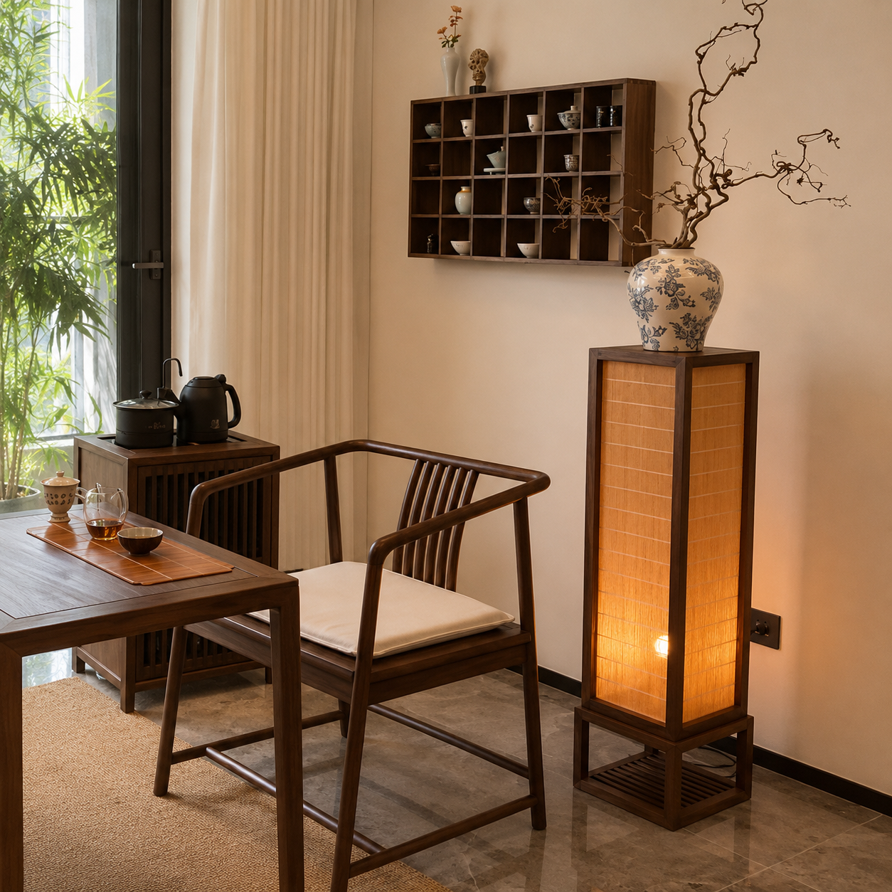 Standing wooden floor lamp with warm-lit rectangular shade and small base shelf