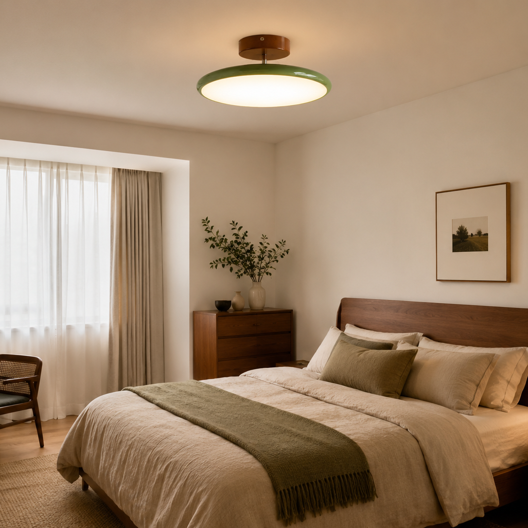 Flush mount ceiling light with green glass diffuser and brown canopy in bedroom