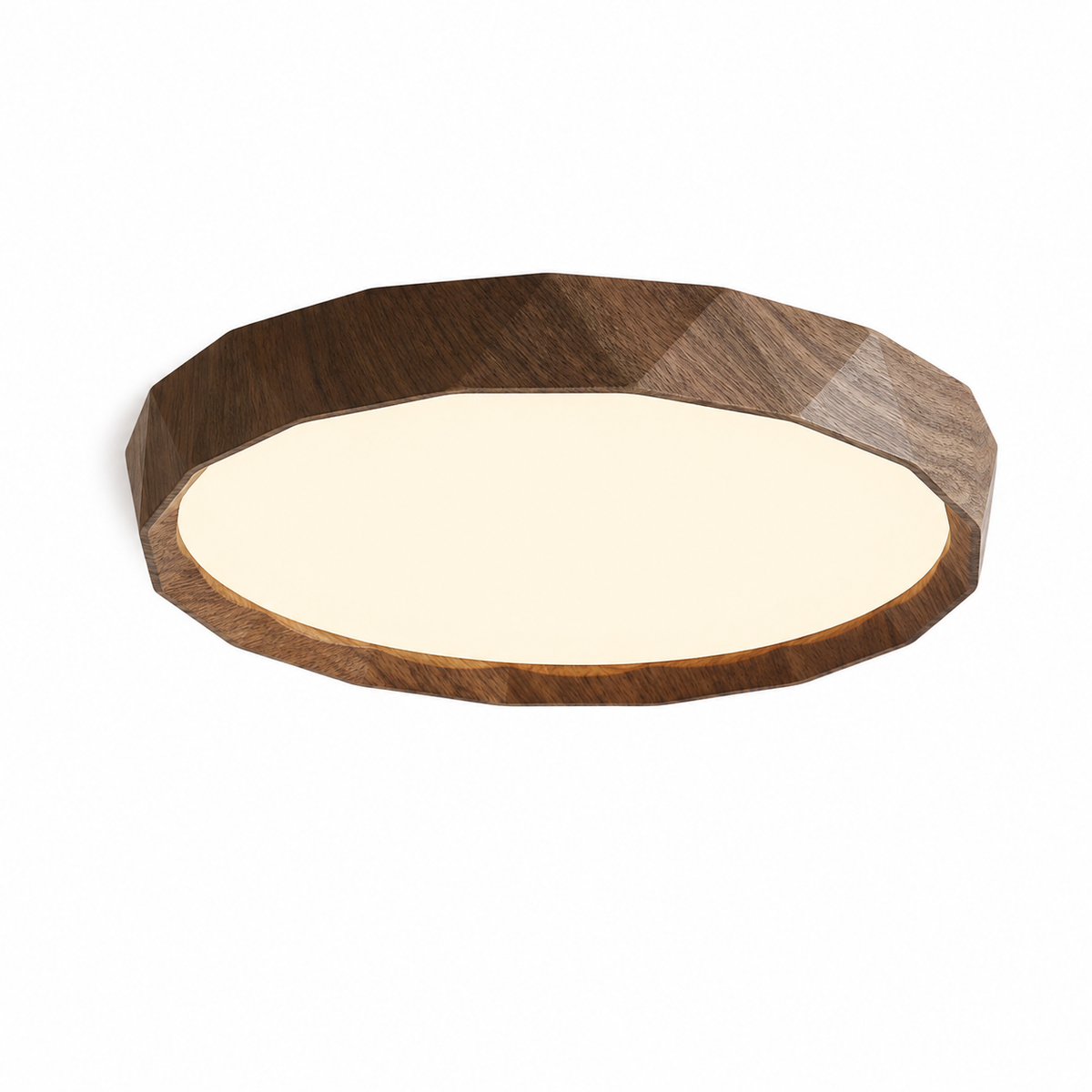 Walnut wood flush mount ceiling light with round frosted diffuser