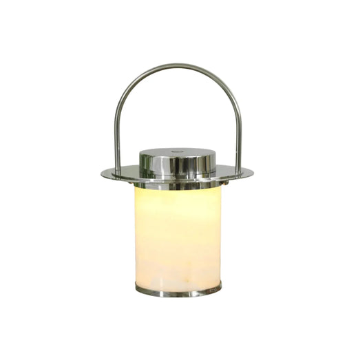 Chrome lantern table lamp with frosted glass cylinder and arched carrying handle