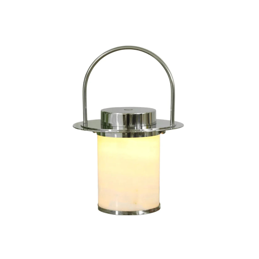 Chrome lantern table lamp with frosted glass cylinder and arched carrying handle