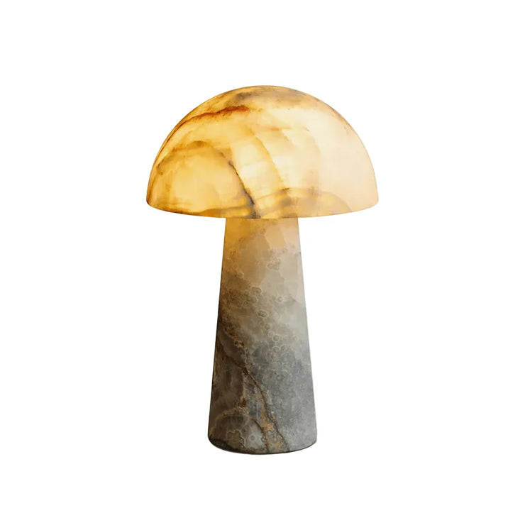 Mushroom-shaped alabaster table lamp with golden translucent shade and stone base