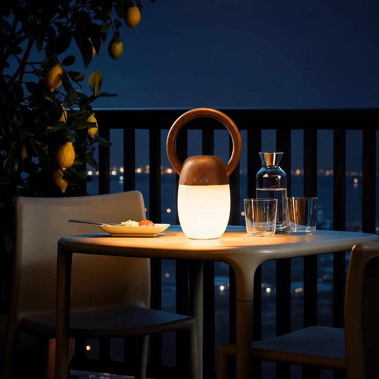 Wood lantern with ring handle and glowing white frosted shade on outdoor table