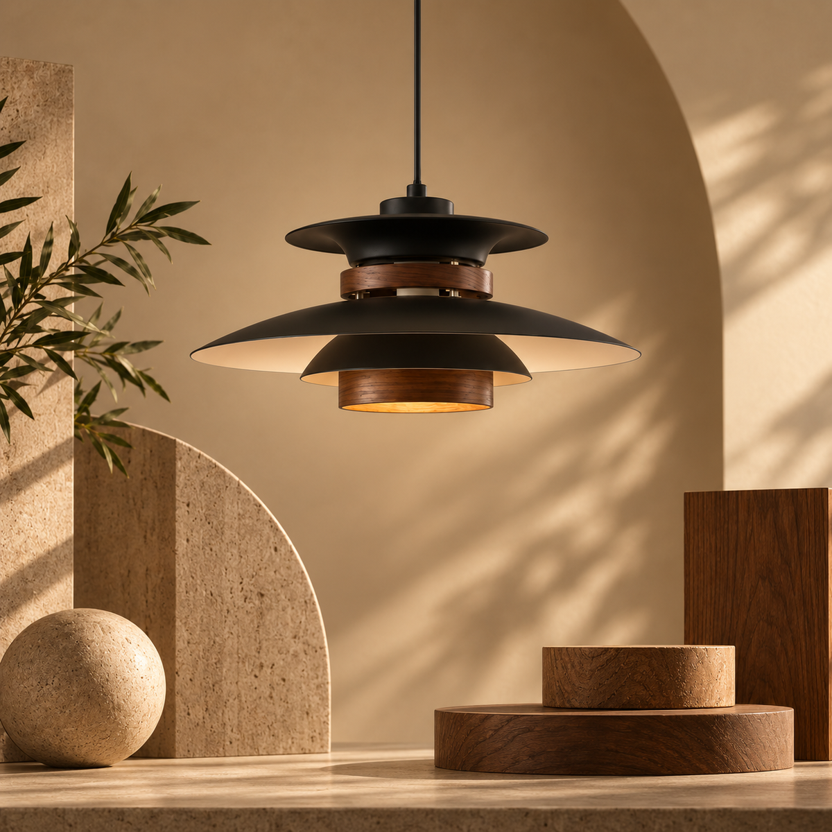 Mid-Century Modern Ash Wood UFO Pendant Light styled in a warm natural interior