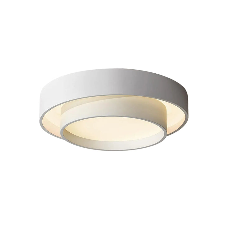 Round flush-mount ceiling light with gray outer ring and warm white inner diffuser.