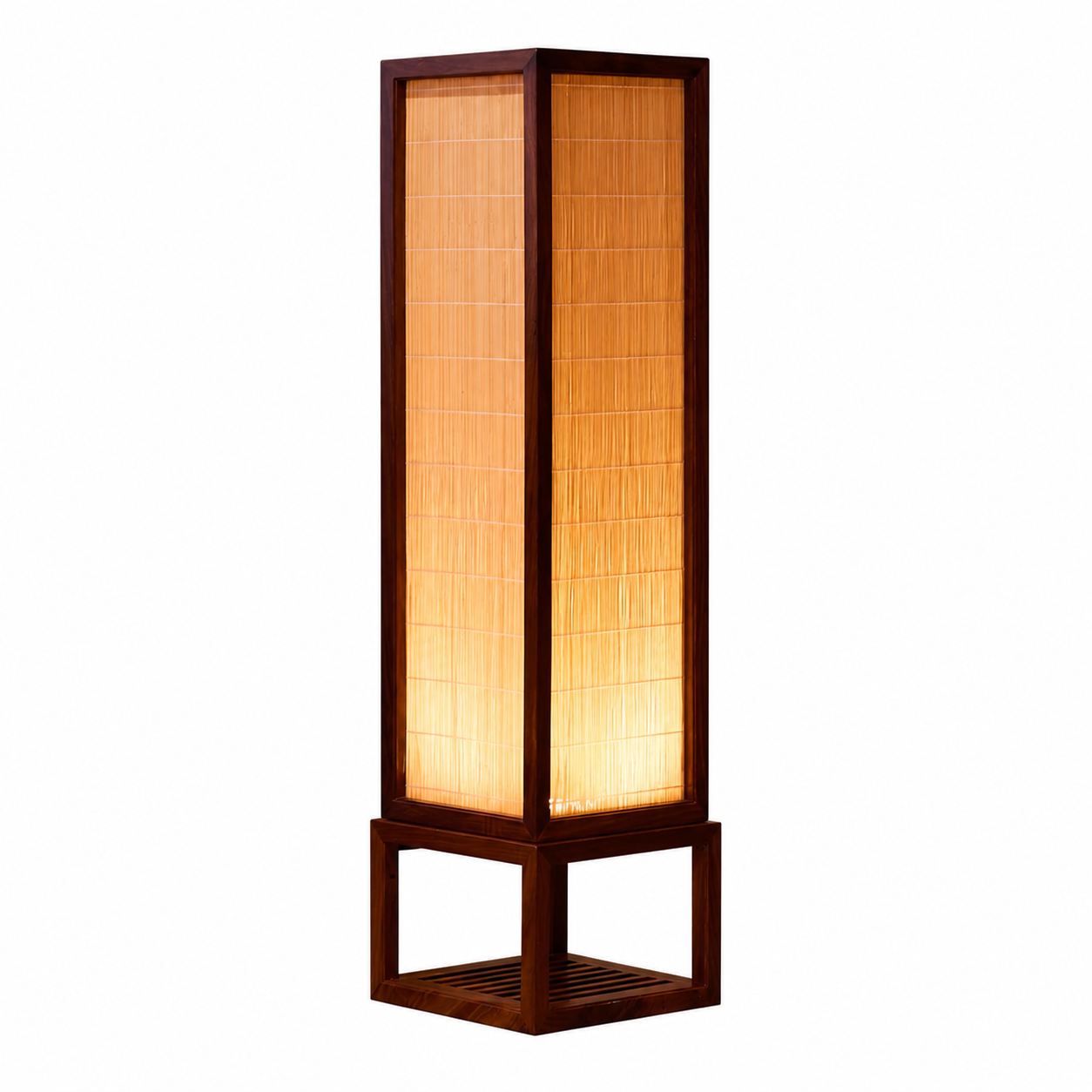 Tall wooden floor lamp with rectangular lattice shade and warm glowing light panel