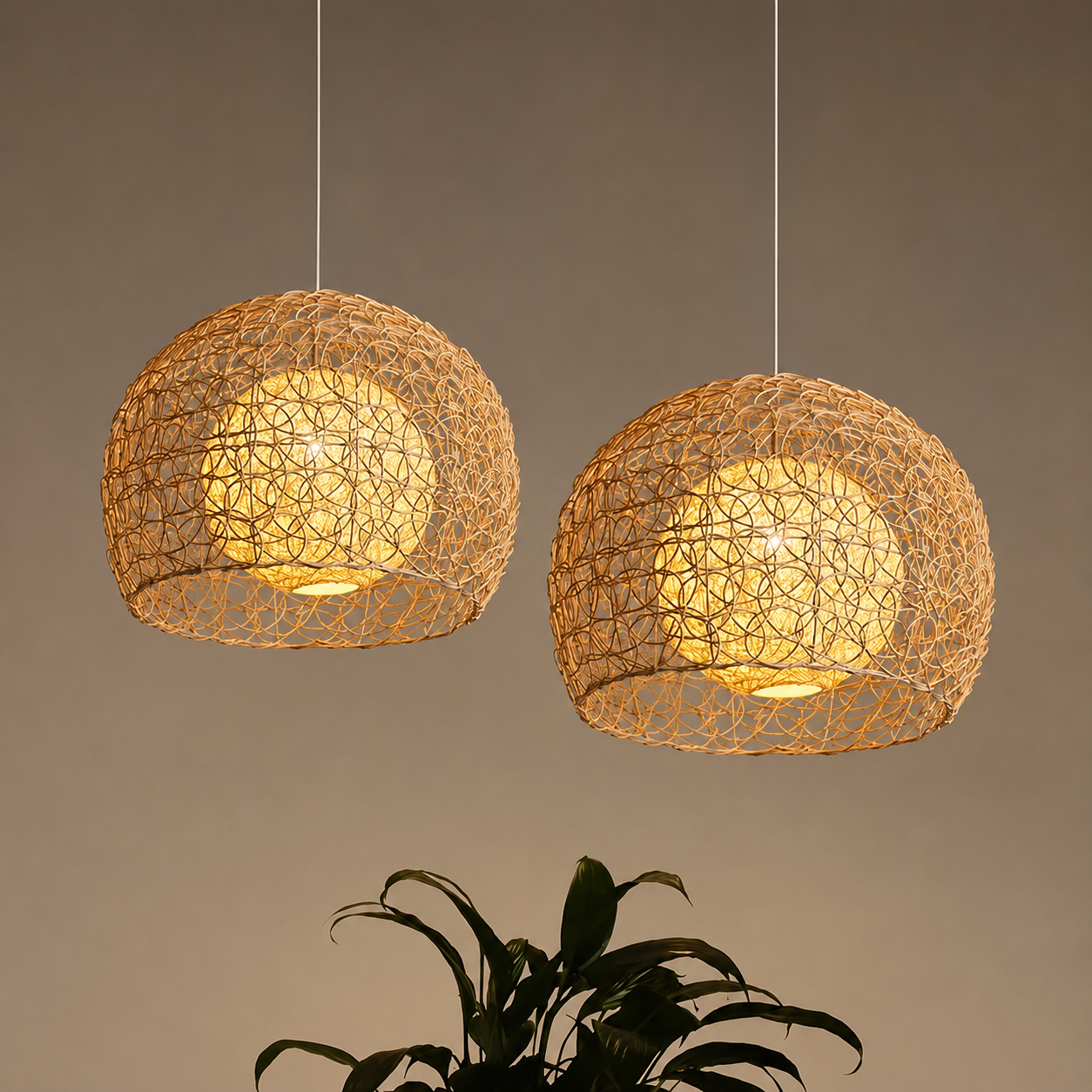 Two rattan orb pendant lights with woven lattice shades, suspended from ceiling