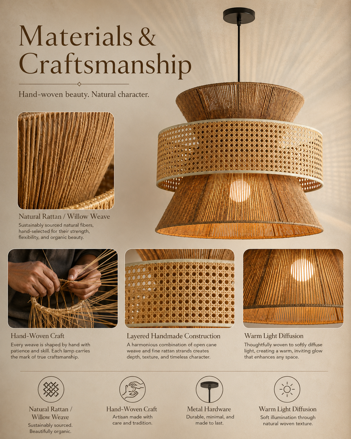 Natural materials and handcrafted details of Sunset Loom Hourglass Pendant Light