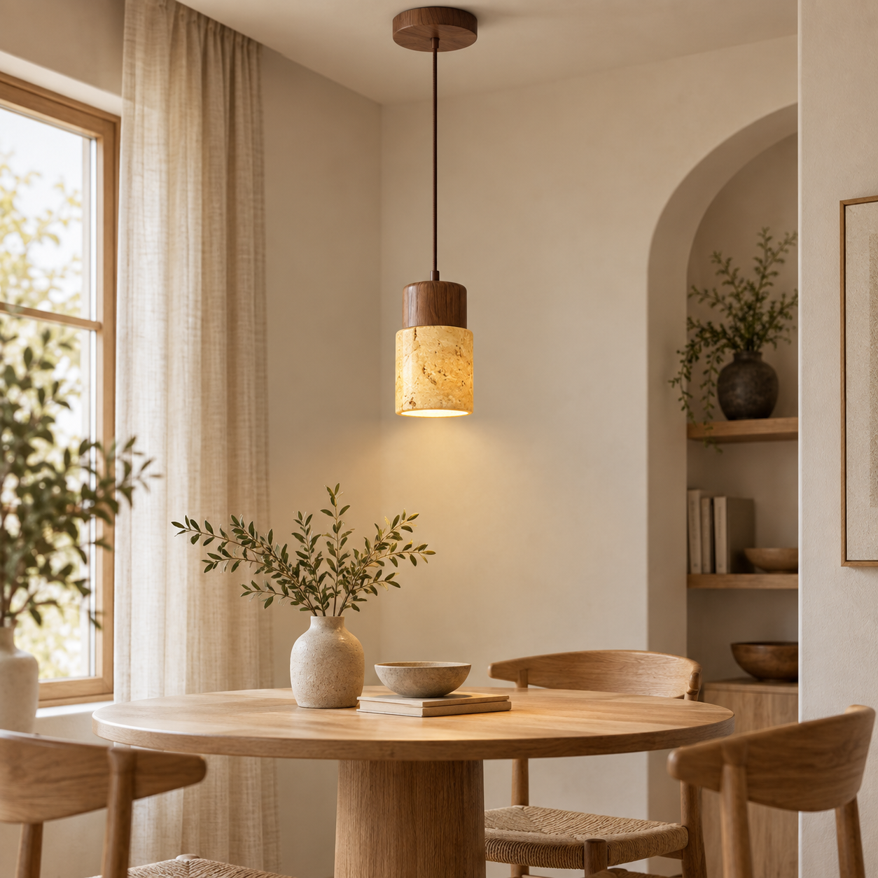 Nordic Yellow Travertine & Walnut Pendant Light handcrafted lighting design by SolenaLighting