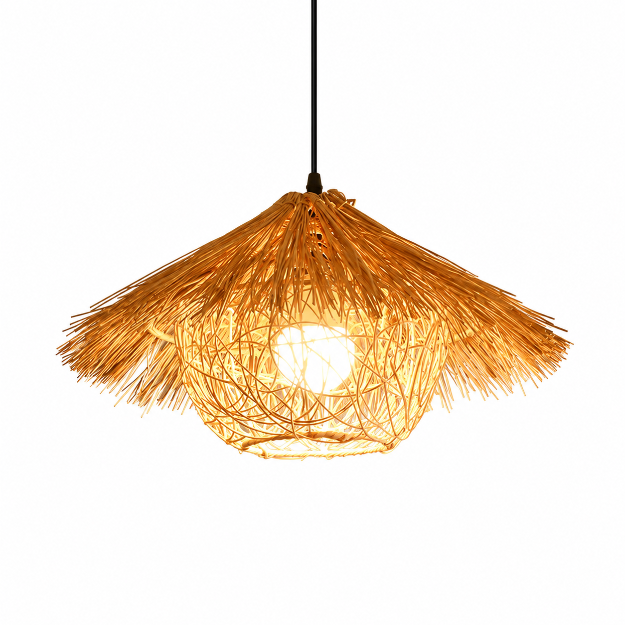 Woven rattan pendant light with open cage shade and warm exposed bulb glow