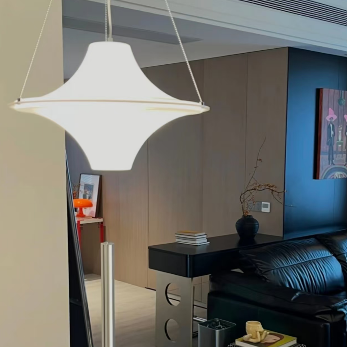 White star-shaped disc pendant light with hanging chain and canopy