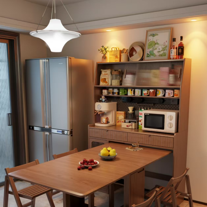 White disc pendant light hanging above dining area, with cord suspension