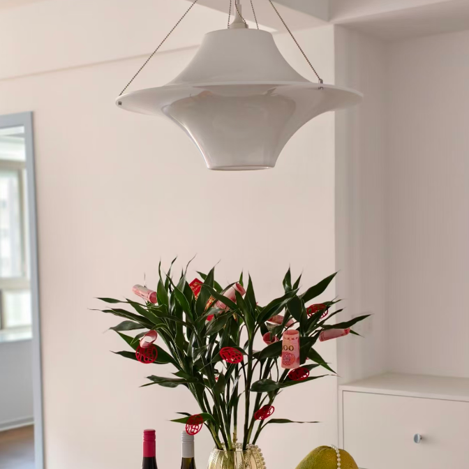 White star-shaped disc pendant light hanging near floral arrangement
