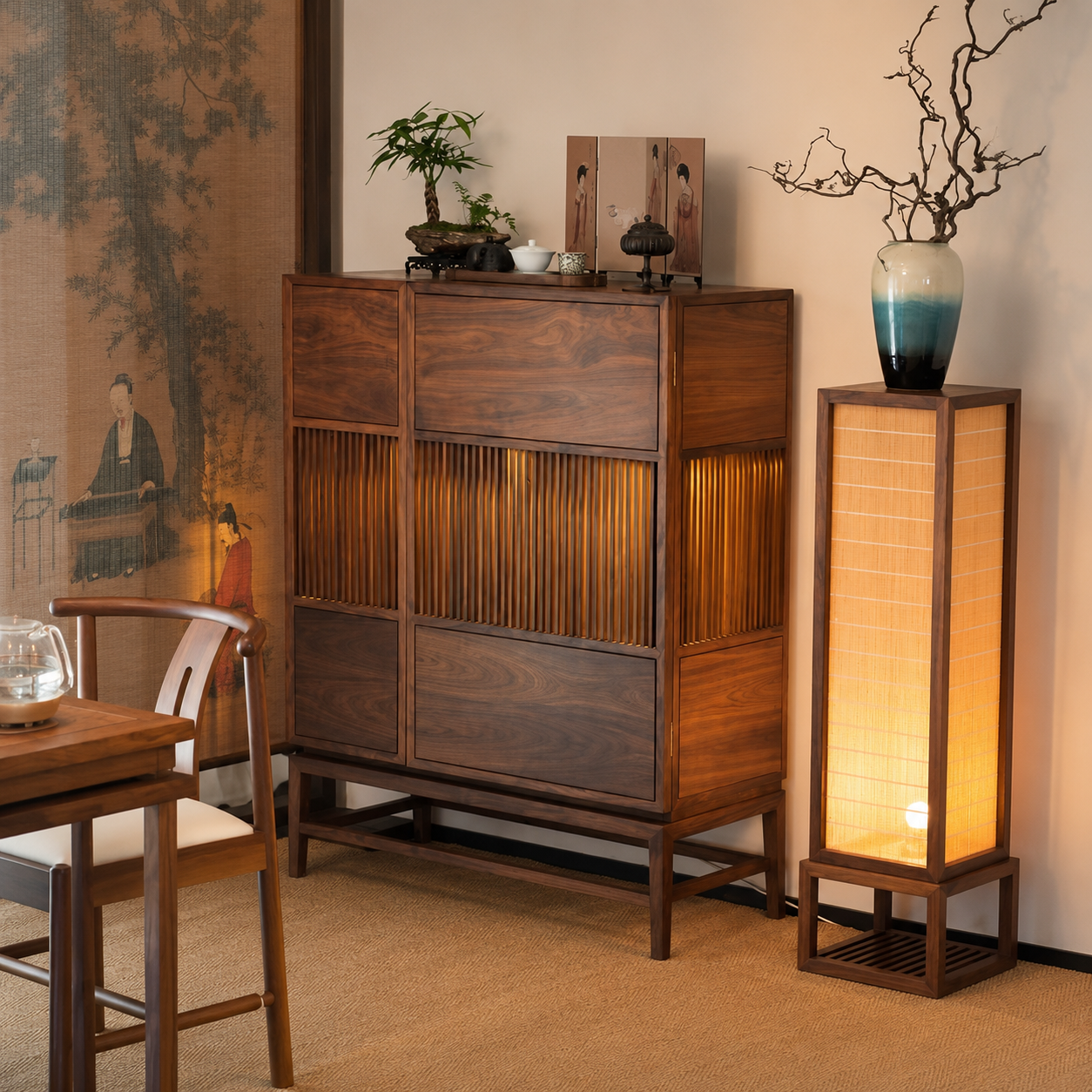 Rectangular wooden floor lamp with warm glow bamboo shade next to sideboard