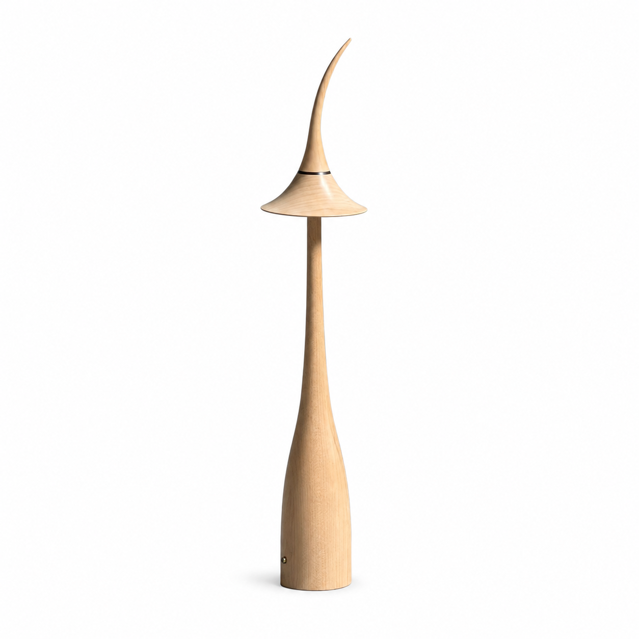Single maple wood cordless table lamp with curved shade and tall tapered body.