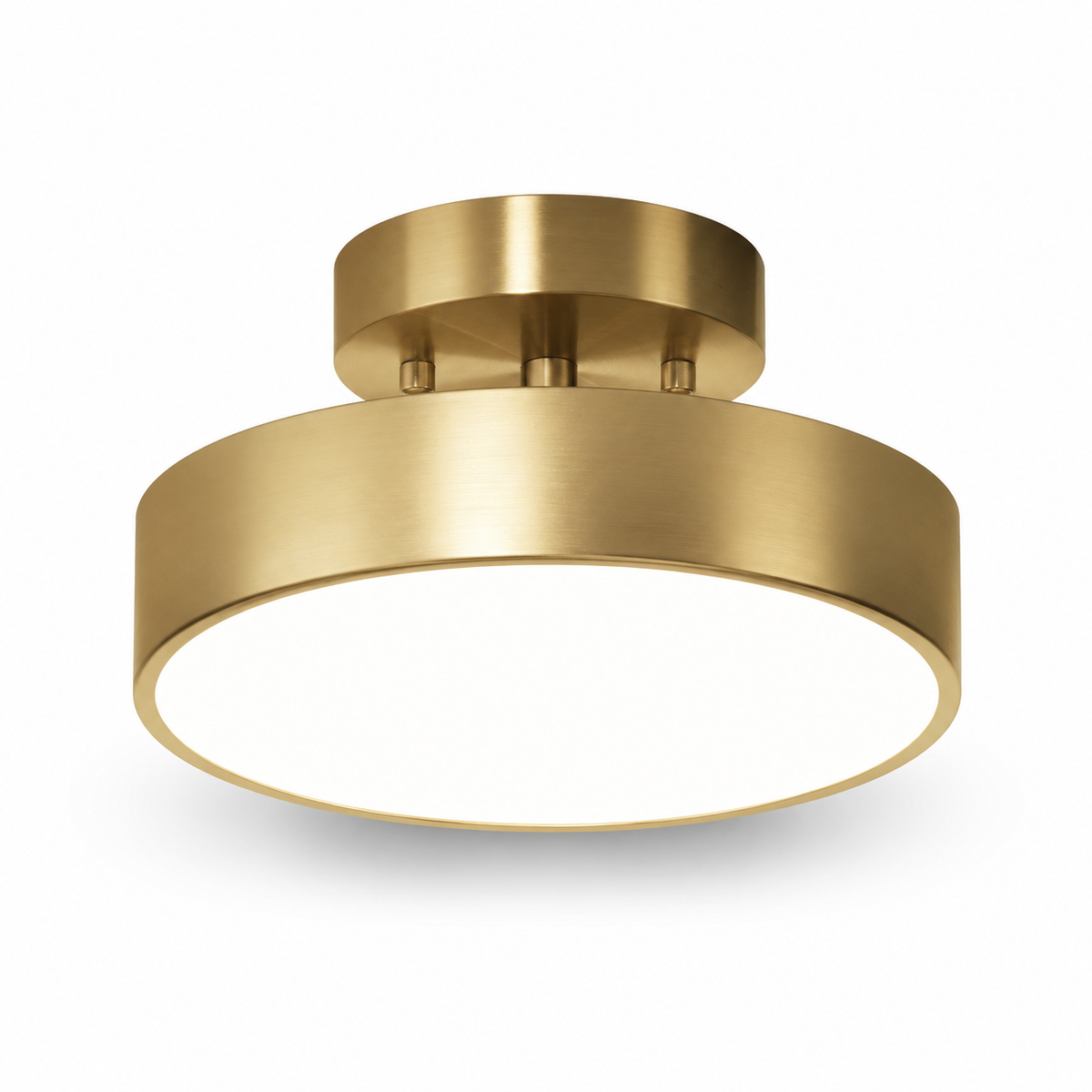 Brass drum flush mount ceiling light, wide round shade and slim central stem