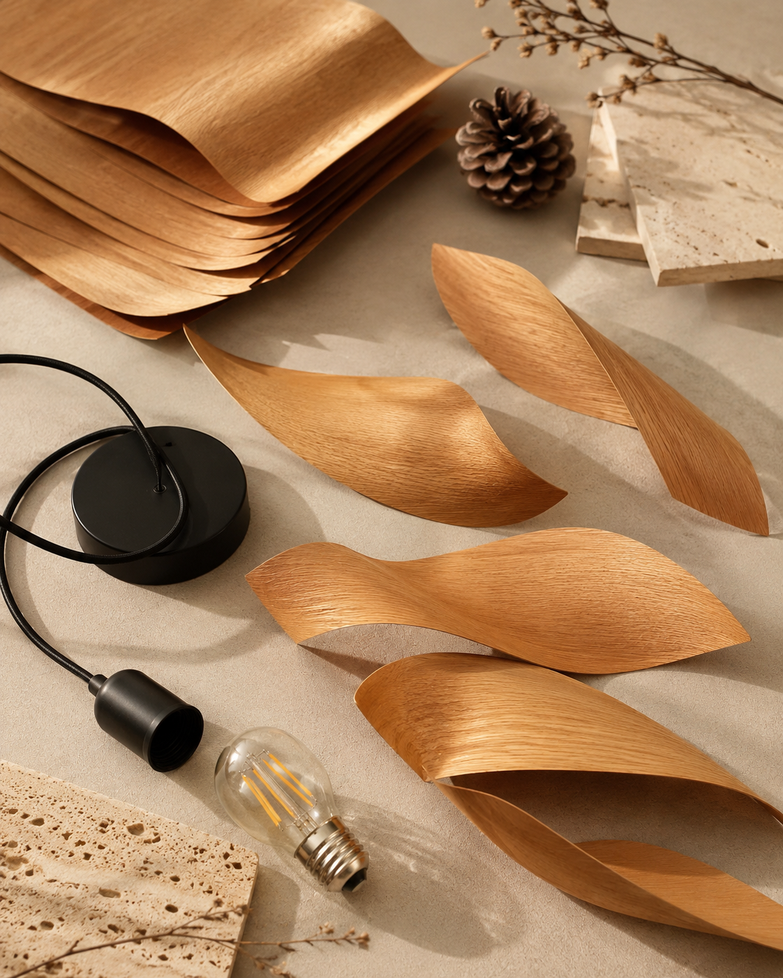 Pinecone Wood Veneer Pendant styled in a warm natural interior