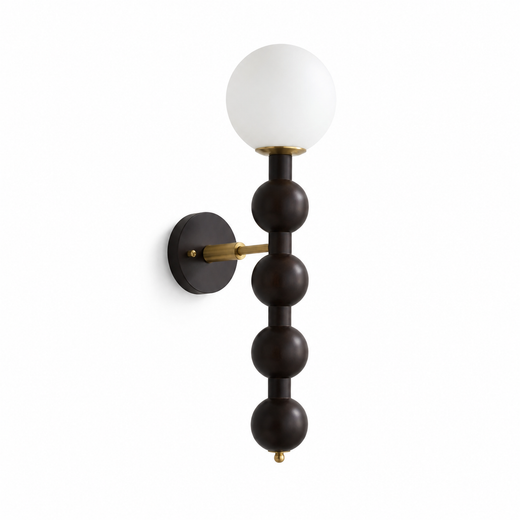 Matte black beaded globe wall lamp with white globe shade and brass accents