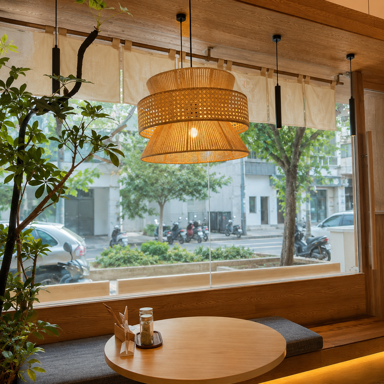 Woven hourglass pendant light with perforated metal drum shade over a window seating nook