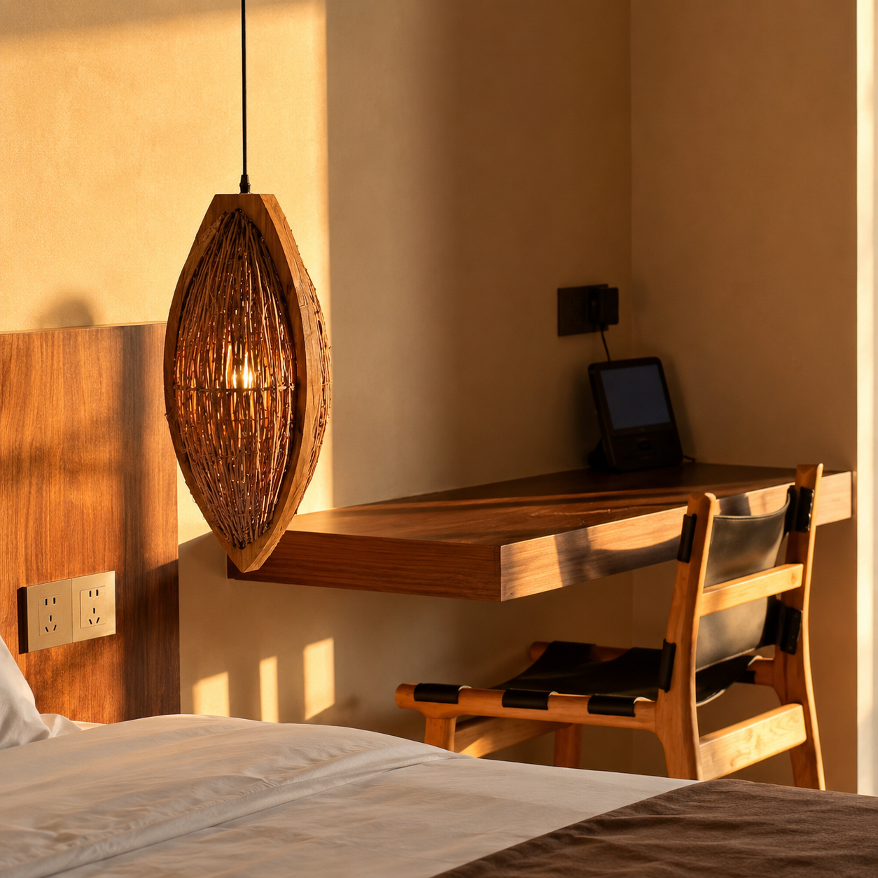 Woven rattan teardrop pendant lamp with warm illuminated shade and black cord.