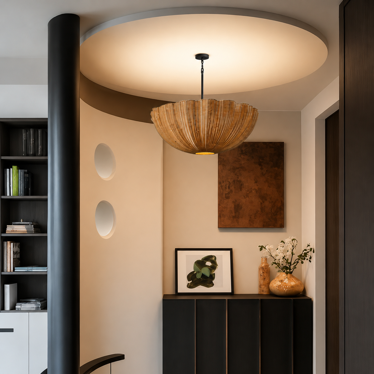 Rattan pendant light with woven dome shade, suspended from a black cord