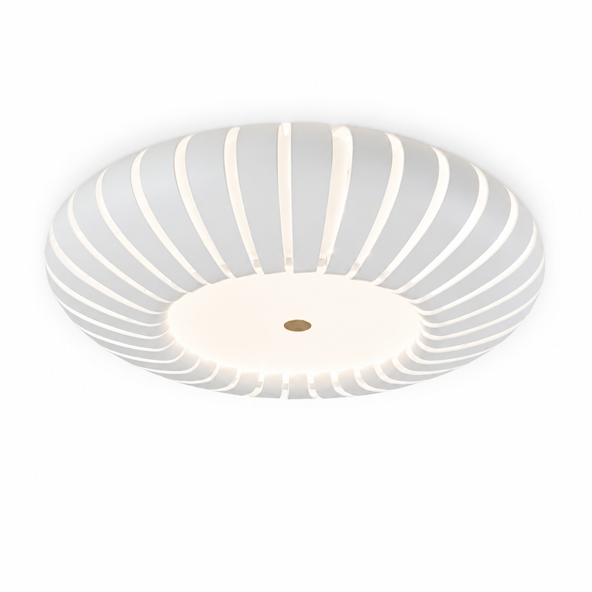 Ribbed flush mount ceiling light with glowing circular center and white striped shade