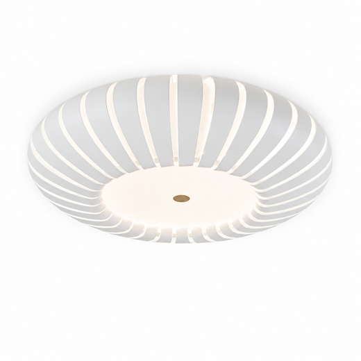 Ribbed flush mount ceiling light with glowing circular center and white striped shade