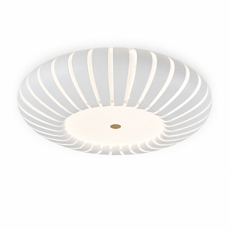 Ribbed flush mount ceiling light with glowing circular center and white striped shade
