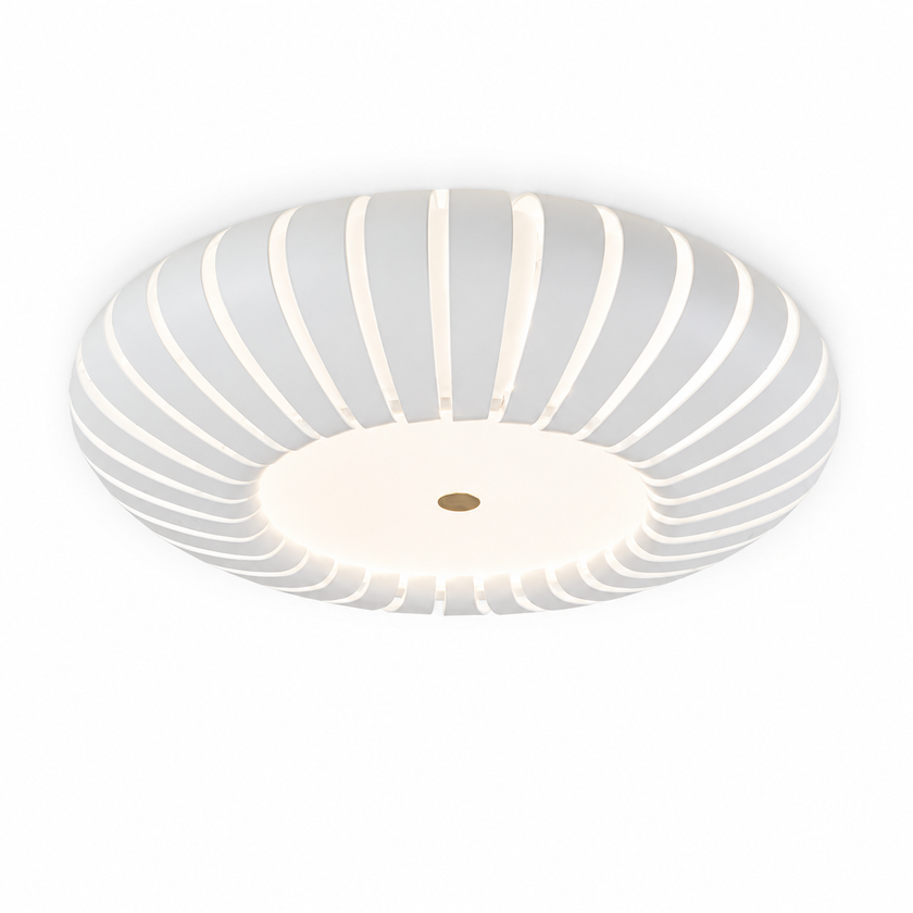 Ribbed flush mount ceiling light with glowing circular center and white striped shade
