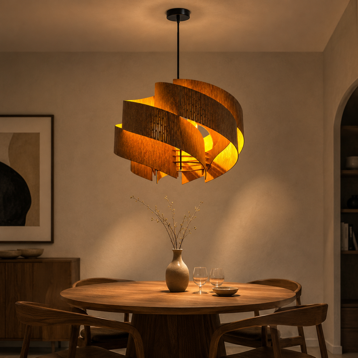 Joinery and hardware detail of Spiral Wood Chandelier