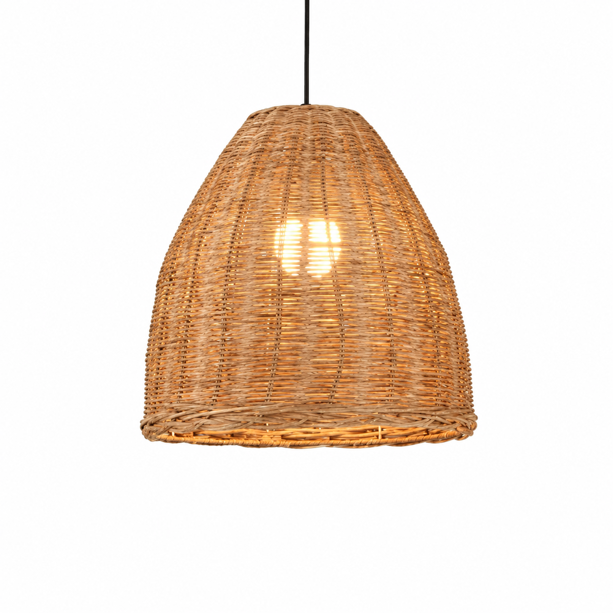 Rattan bell pendant light with woven conical shade and hanging cord