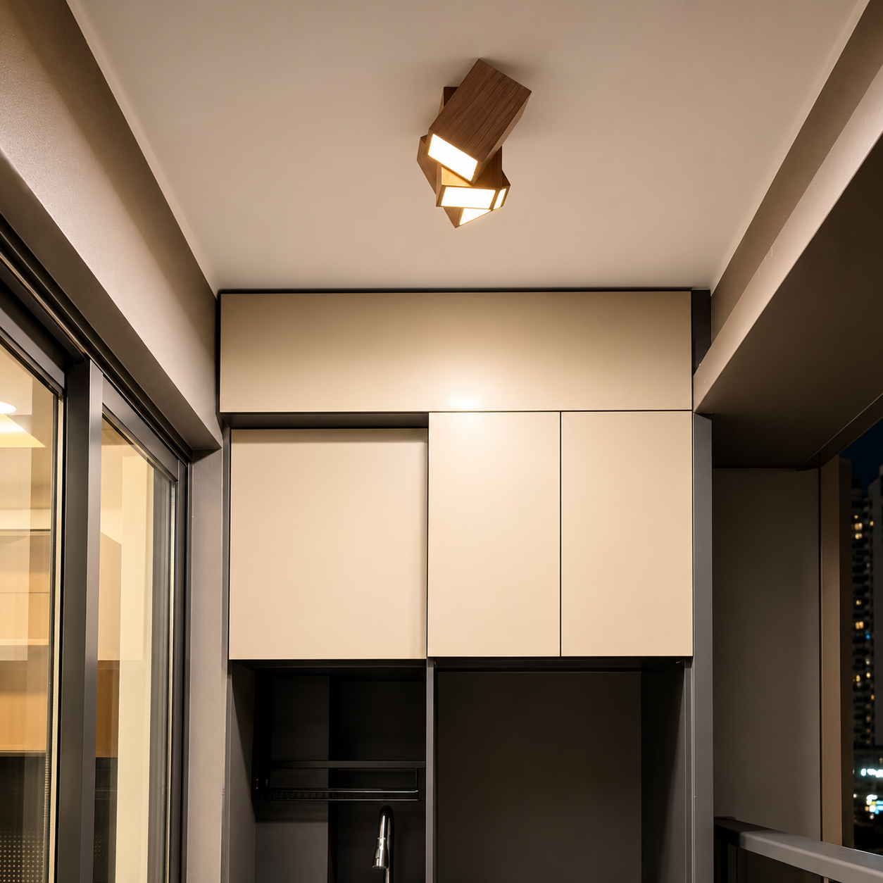 Natural wood geometric cube ceiling light with two glowing square LED openings